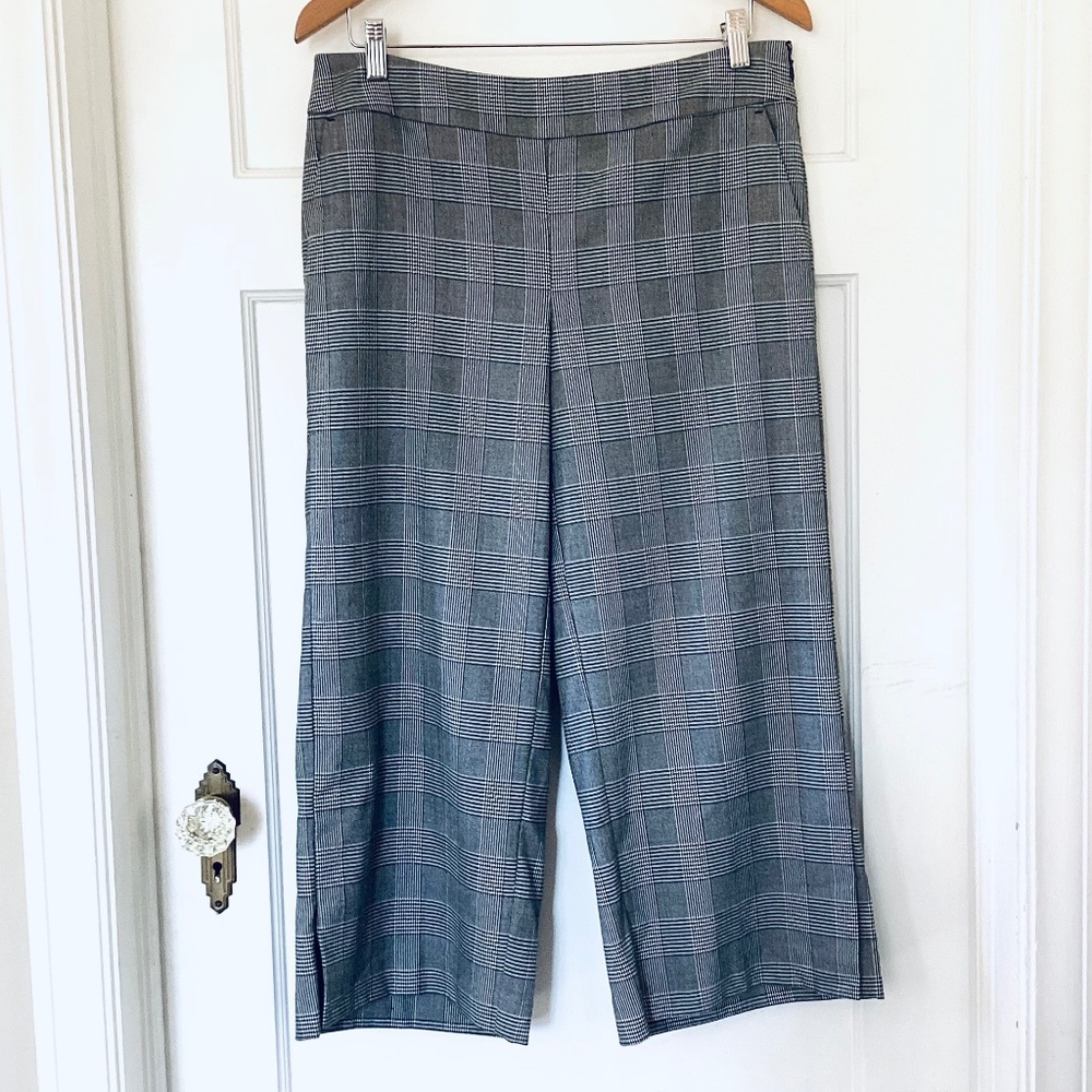 LOFT Wide Leg Cropped Pants Womens 6 Houndstooth Plaid Gray White Black 24” Insm